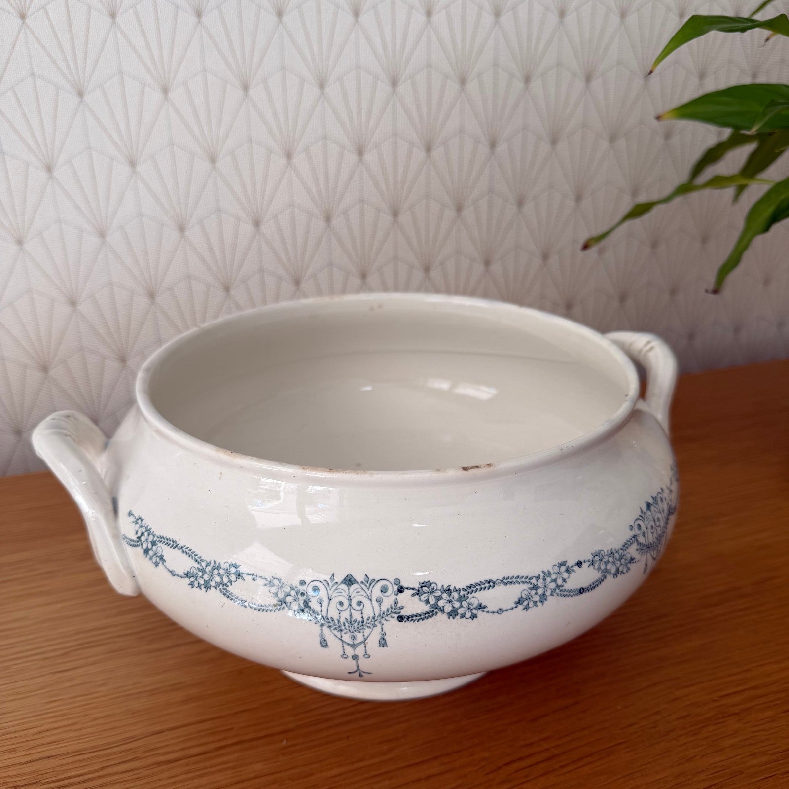 French Tureen Earthenware White Blue Fruits Bowl Terre De Fer GIVORS 2409254 Fleamarketfrance : French vintage and antique decor