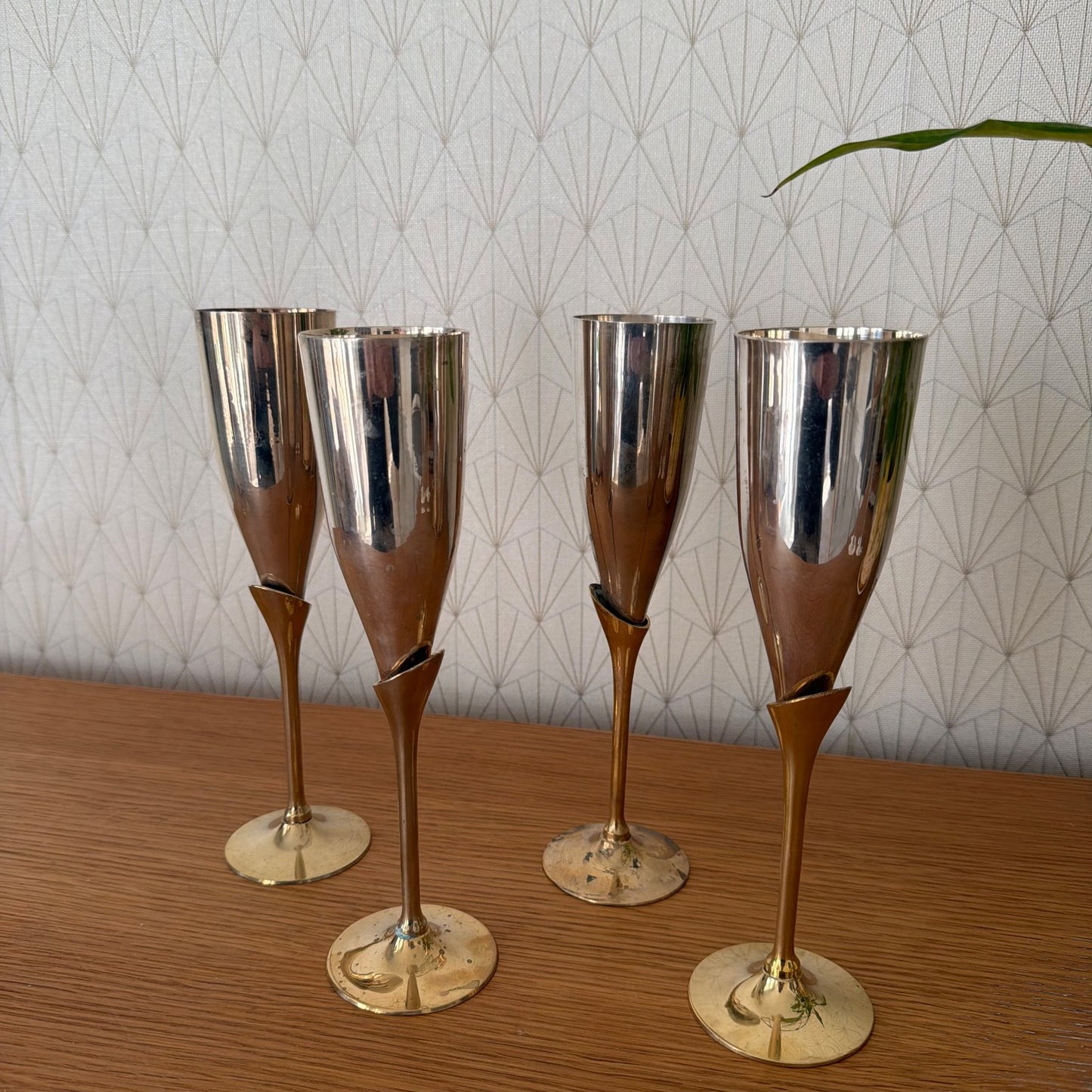 Vintage 4 silver gold champagne flutes silverplate glasses set 1805268 International Silver