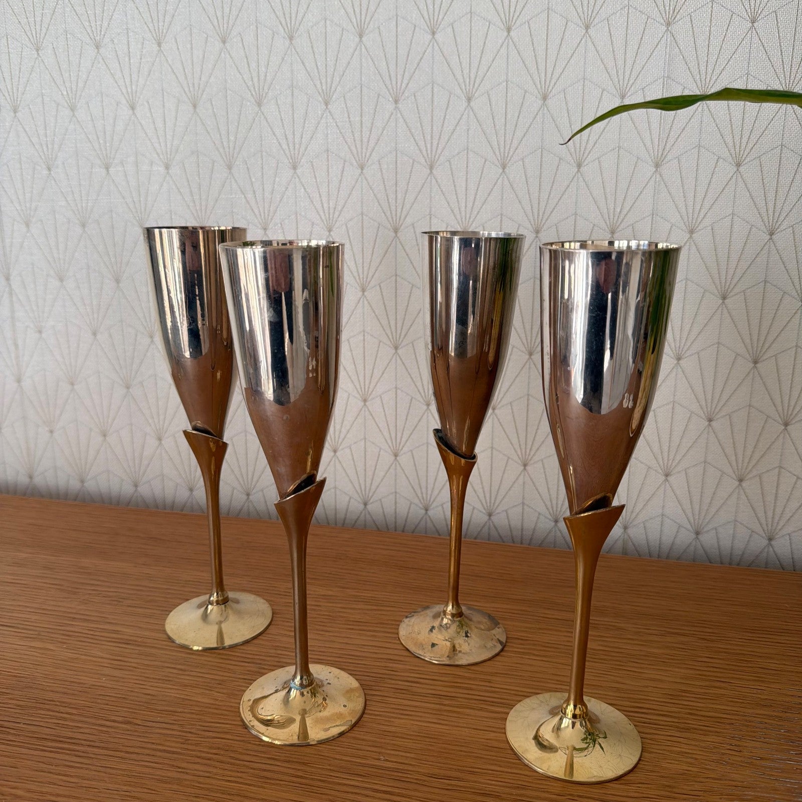 Vintage 4 silver gold champagne flutes silverplate glasses set 1805268 International Silver