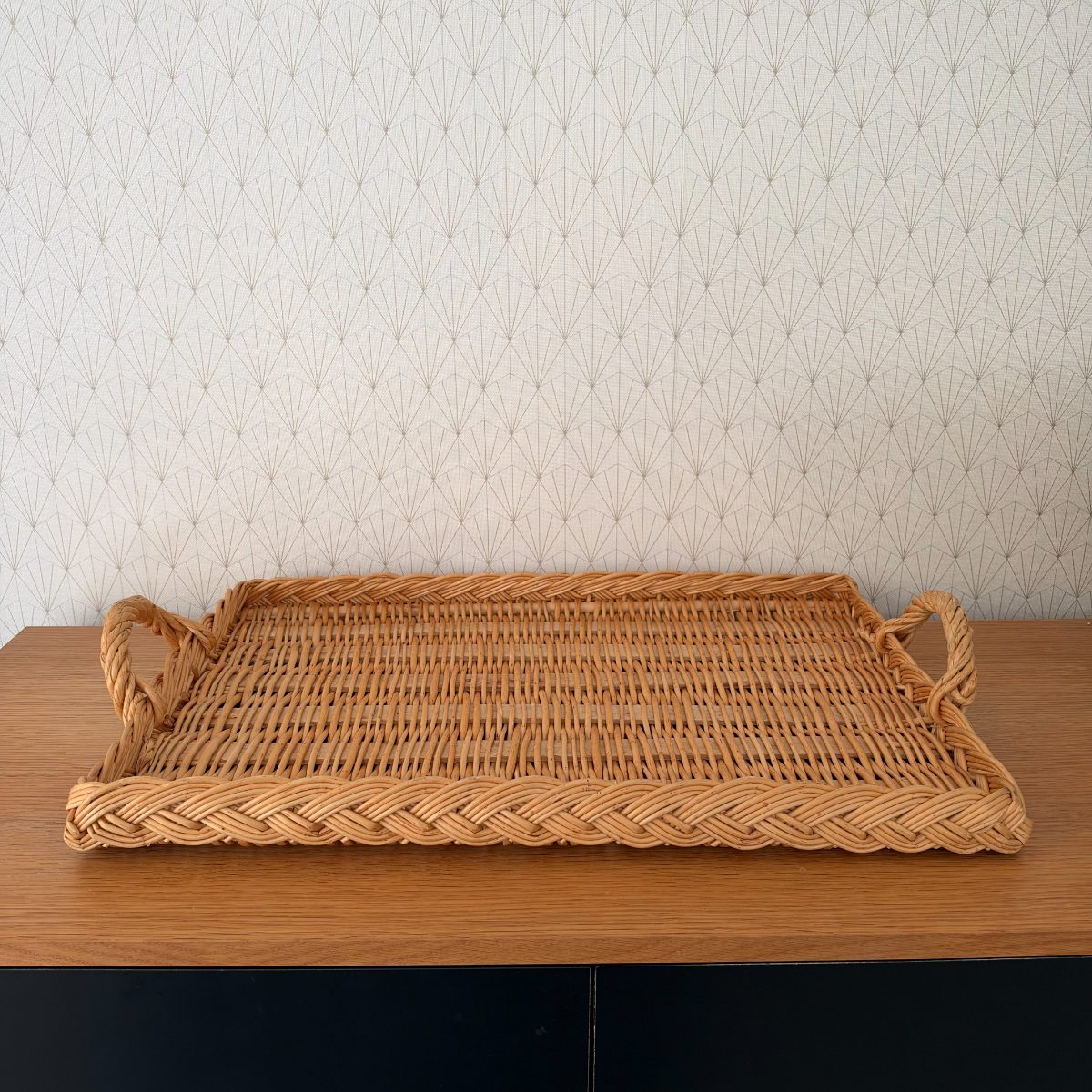 French Vintage Wicker Rattan Serving Tray Braided Handles Large 0710263 Fleamarketfrance