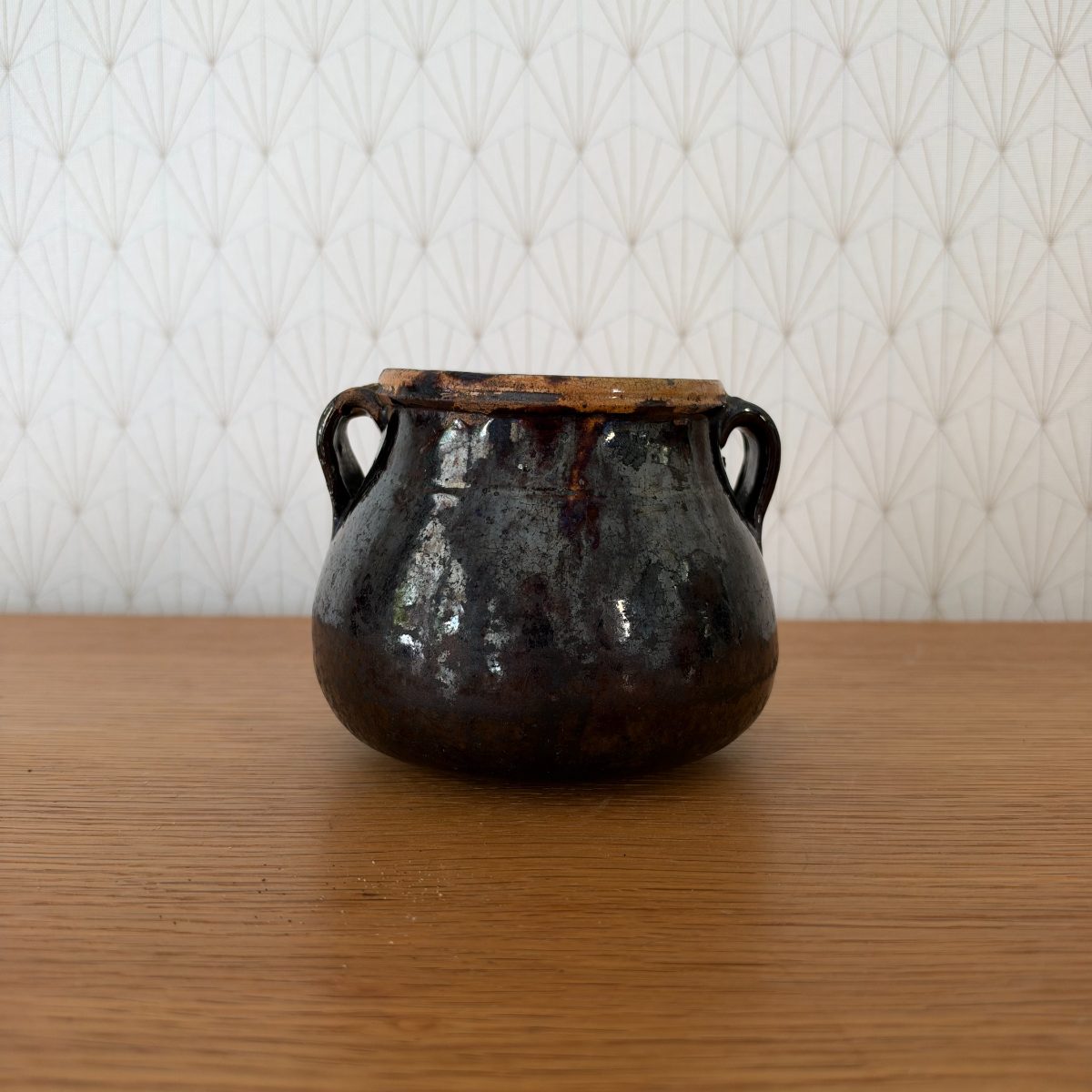 Antique French Glazed Stoneware Double Handle Pot Farmhouse 07102615 Fleamarketfrance