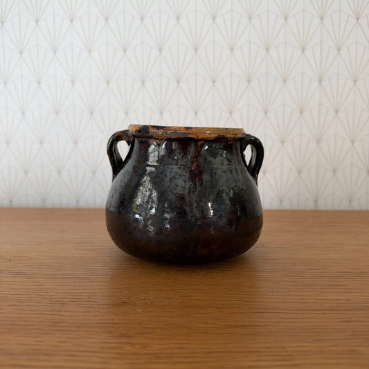 Antique French Glazed Stoneware Double Handle Pot Farmhouse 07102615 Fleamarketfrance