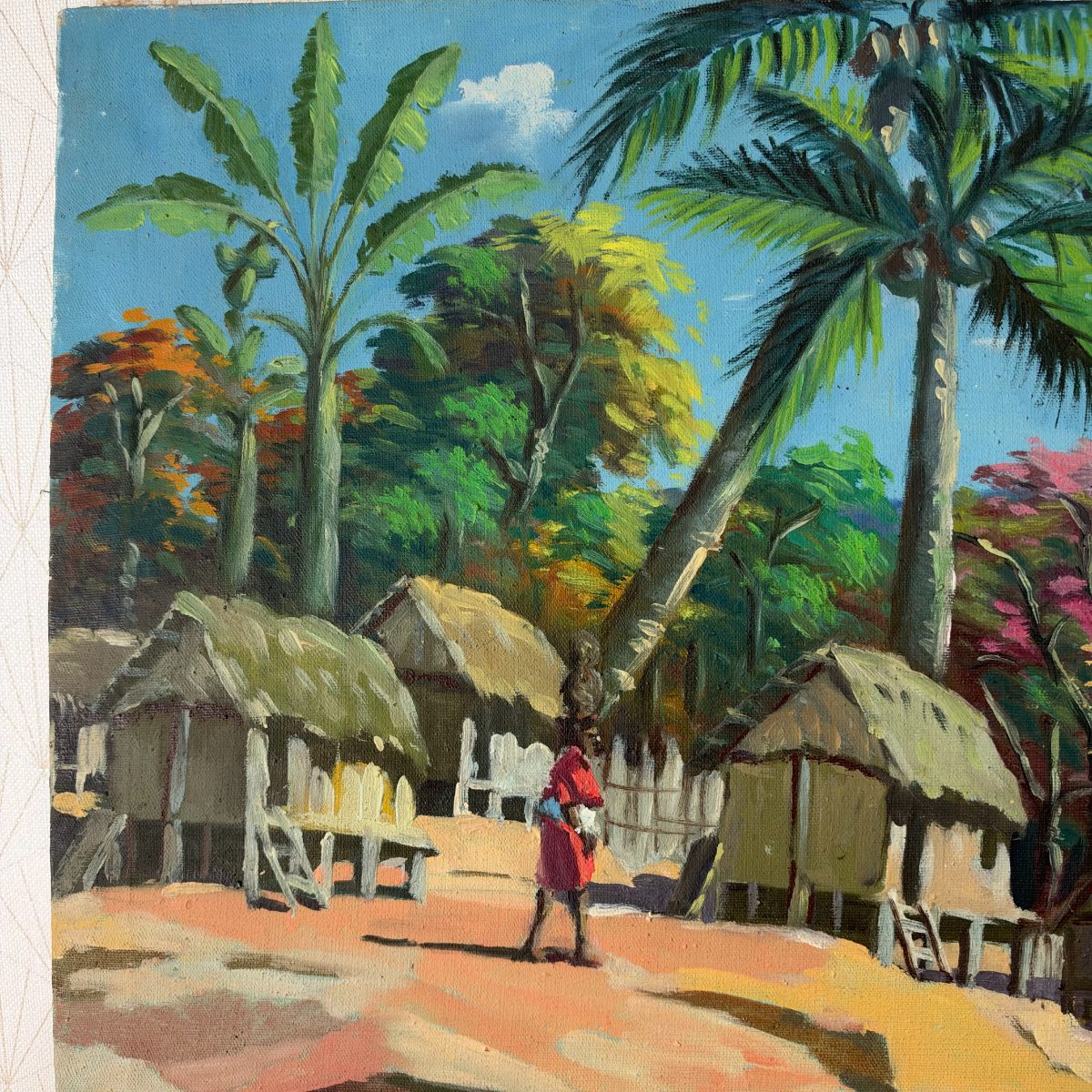 Close-up detail of tropical village oil painting showing thatched huts, banana trees, palm trees and a woman in red dress walking through the village