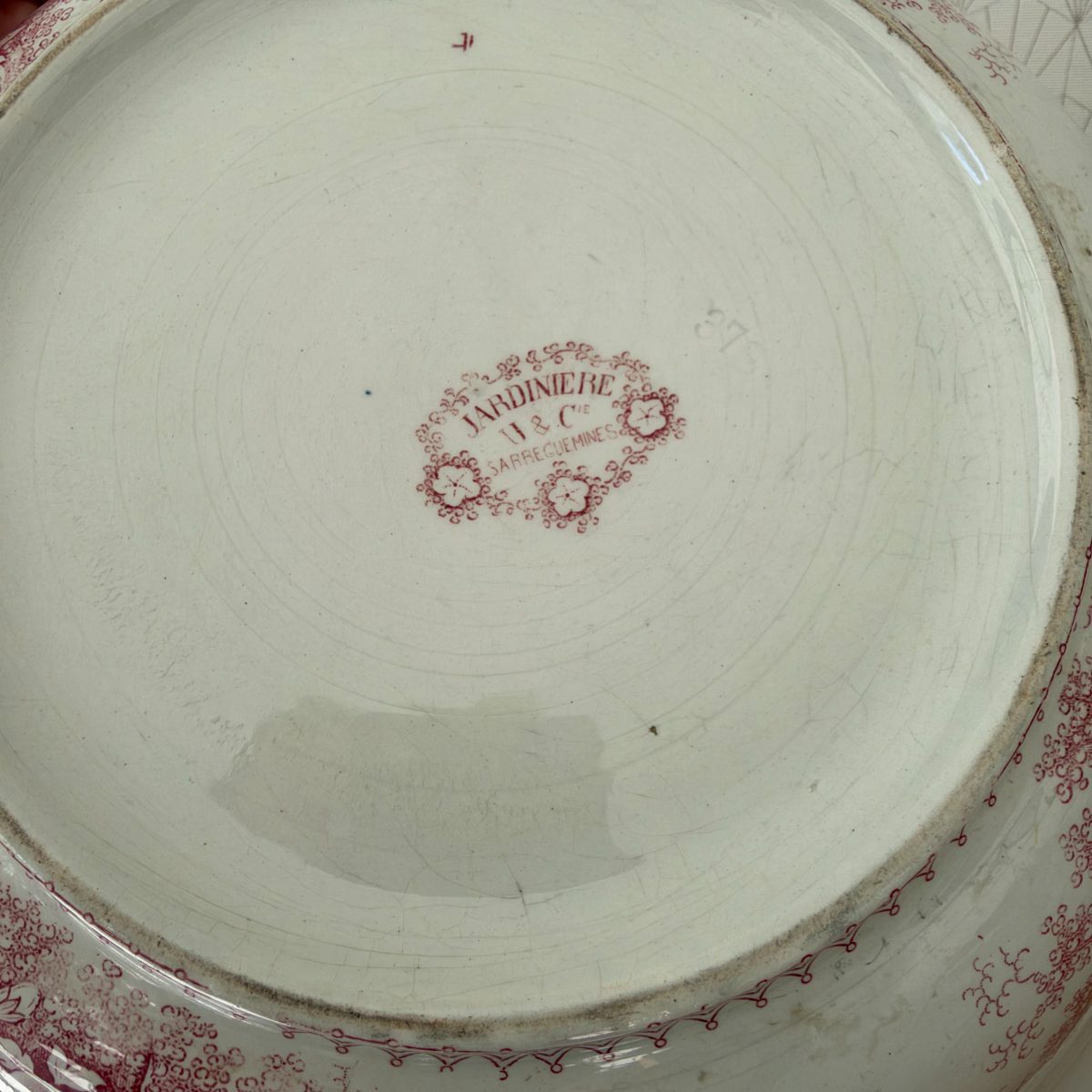 French Red Transferware Wash Set Pitcher Bowl Soap Dish Ironstone 2910261