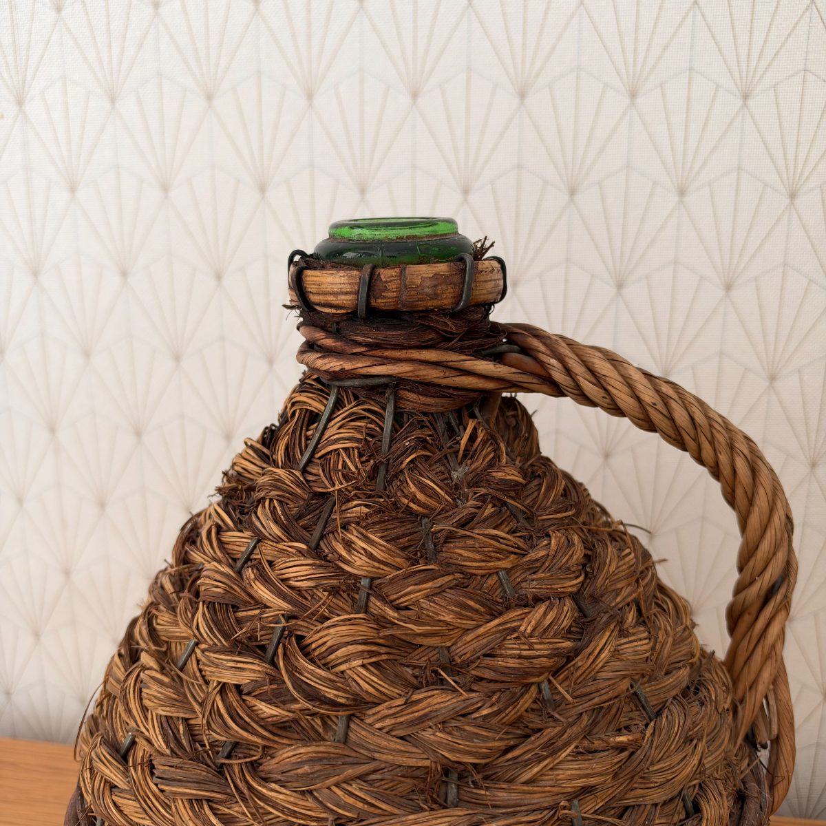 Antique French Wicker Demijohn Bottle Green Glass Rope Handle 20102621 Fleamarketfrance