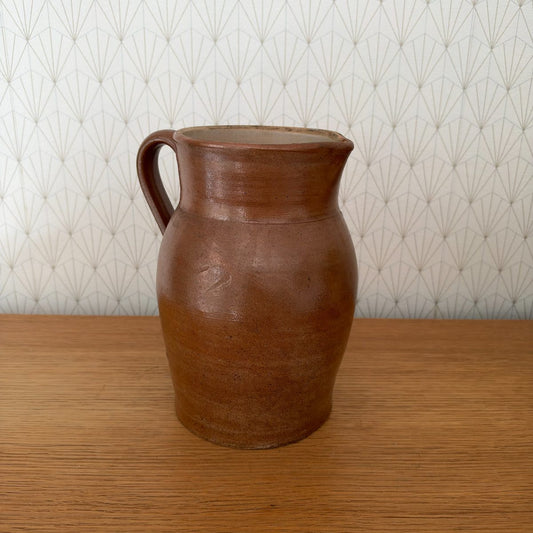 Antique French Stoneware Pitcher Rustic Brown Glazed Farmhouse Jug 06102631 Fleamarketfrance