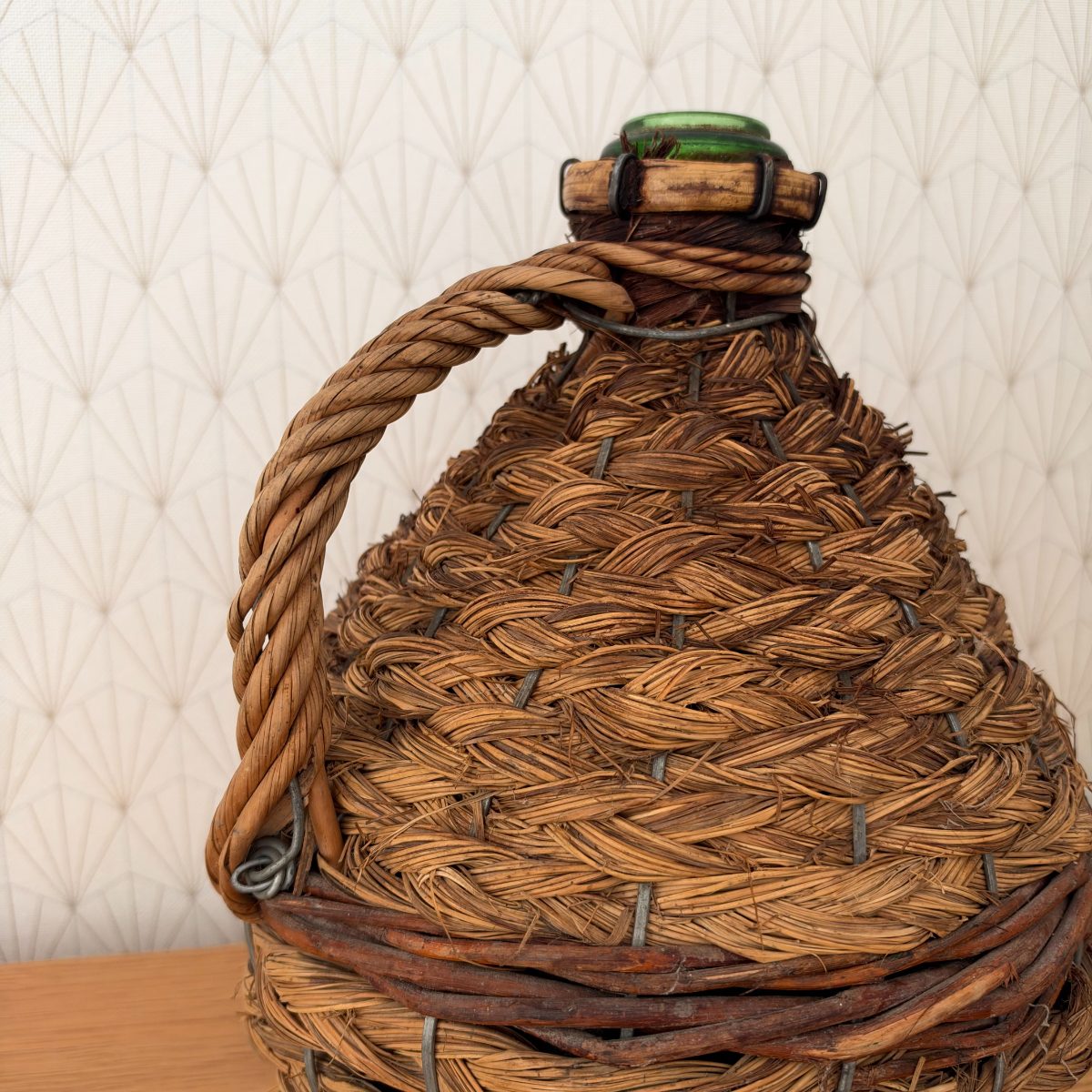 Antique French Wicker Demijohn Bottle Green Glass Rope Handle 20102621 Fleamarketfrance
