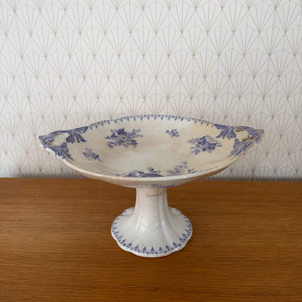 French Antique Pedestal Cake Stand Blue White Transferware Faience 0710267 Fleamarketfrance