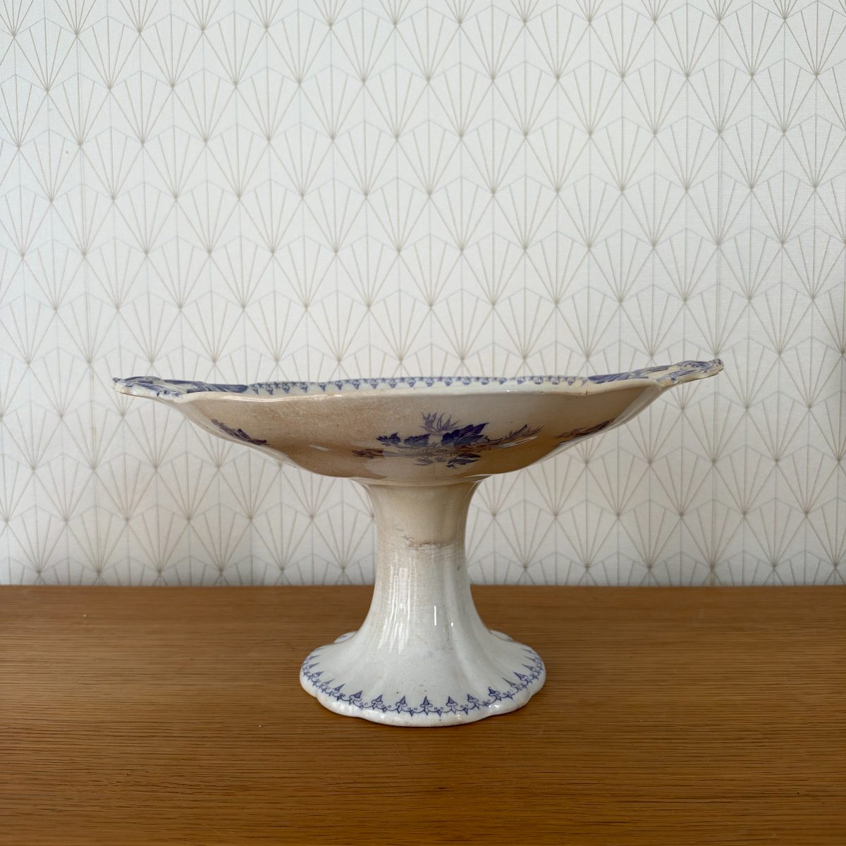 French Antique Pedestal Cake Stand Blue White Transferware Faience 0710267 Fleamarketfrance