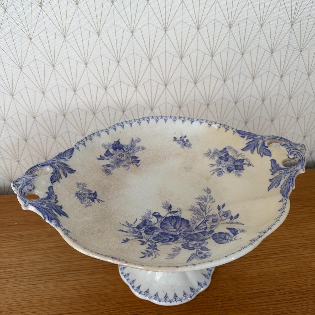 French Antique Pedestal Cake Stand Blue White Transferware Faience 0710267 Fleamarketfrance