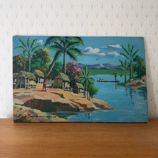 Vintage Tropical Village Oil Painting on Canvas Signed Senegal 0910264 Fleamarketfrance