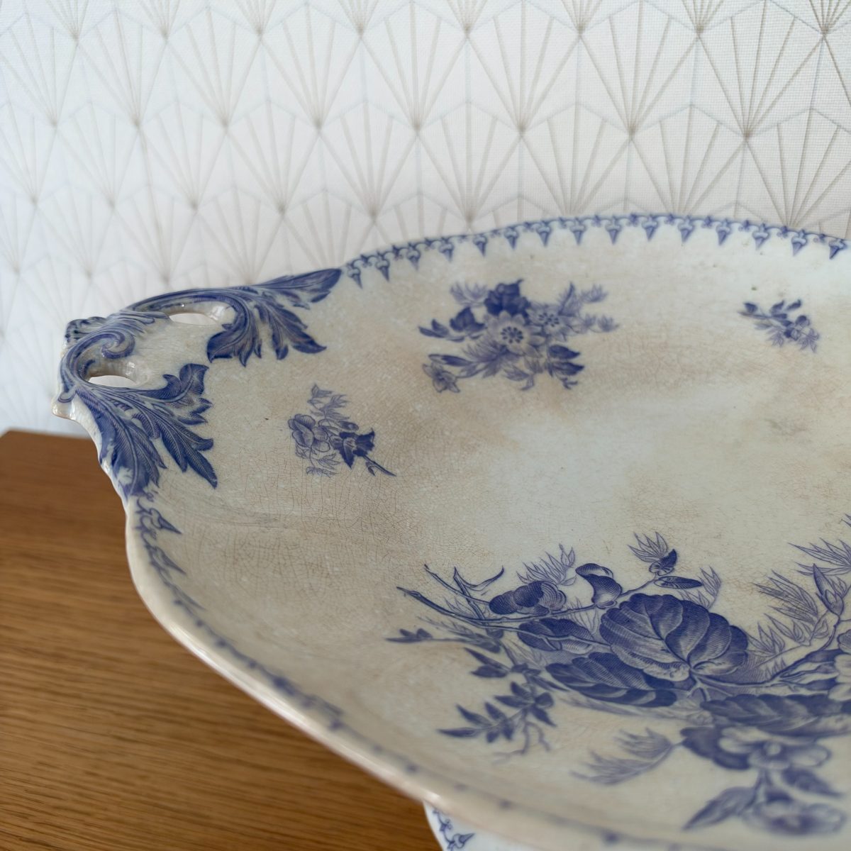French Antique Pedestal Cake Stand Blue White Transferware Faience 0710267 Fleamarketfrance