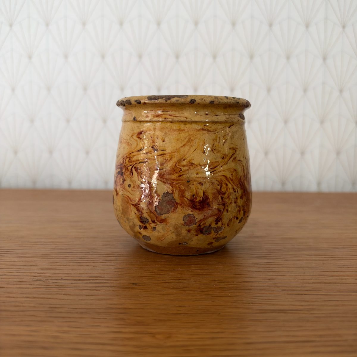 Antique French Glazed Terracotta Jar Marbled Slip Farmhouse Pottery 07102611 Fleamarketfrance