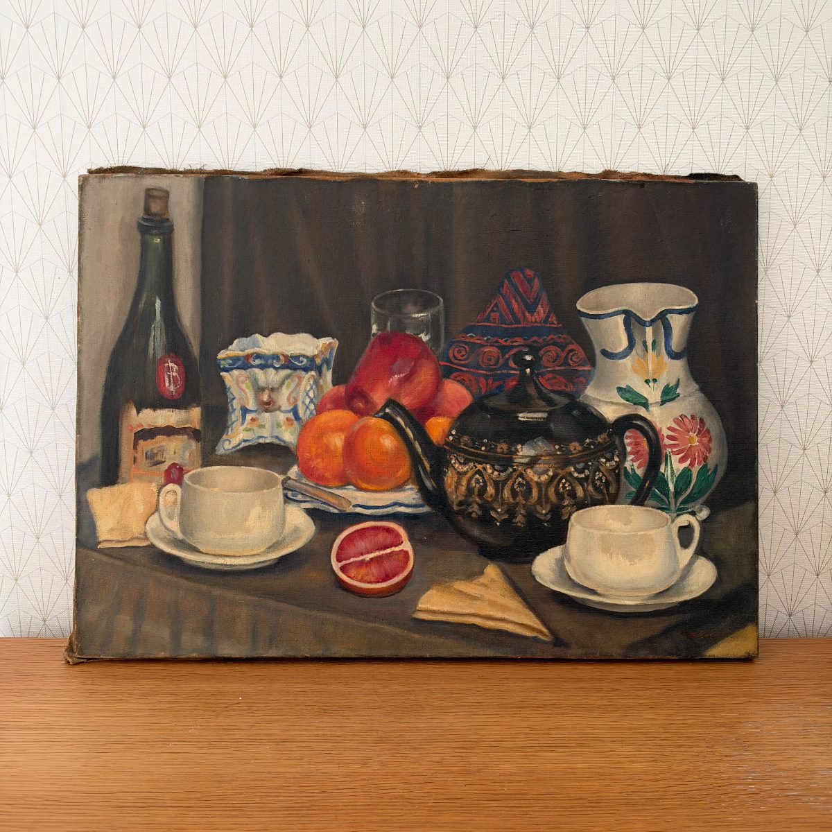 French Oil Painting Still Life Teapot Fruit Pitcher Vintage Canvas 2210265 Fleamarketfrance