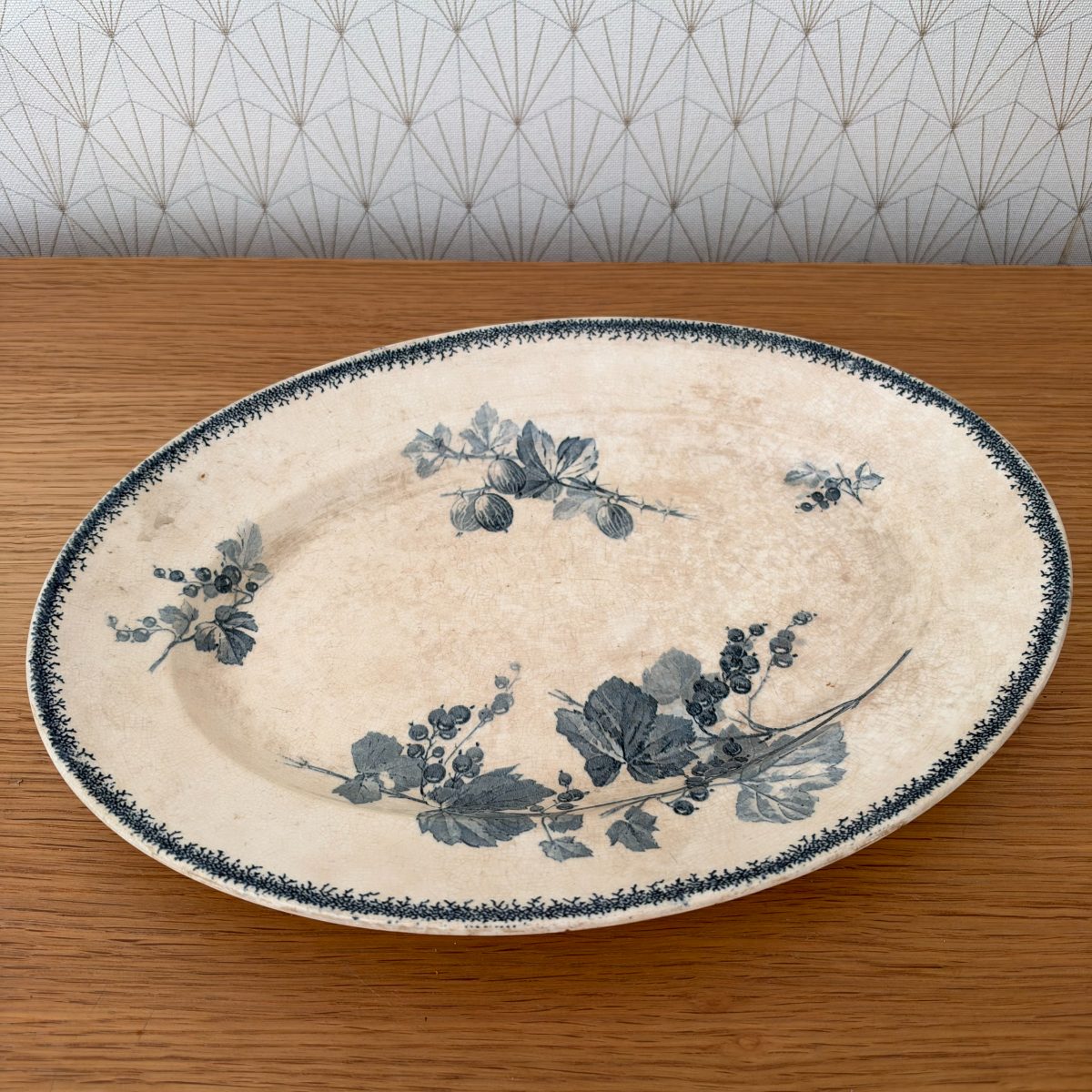 French Antique Transferware Platter Faience Oval Blue Berries 20102631 Fleamarketfrance