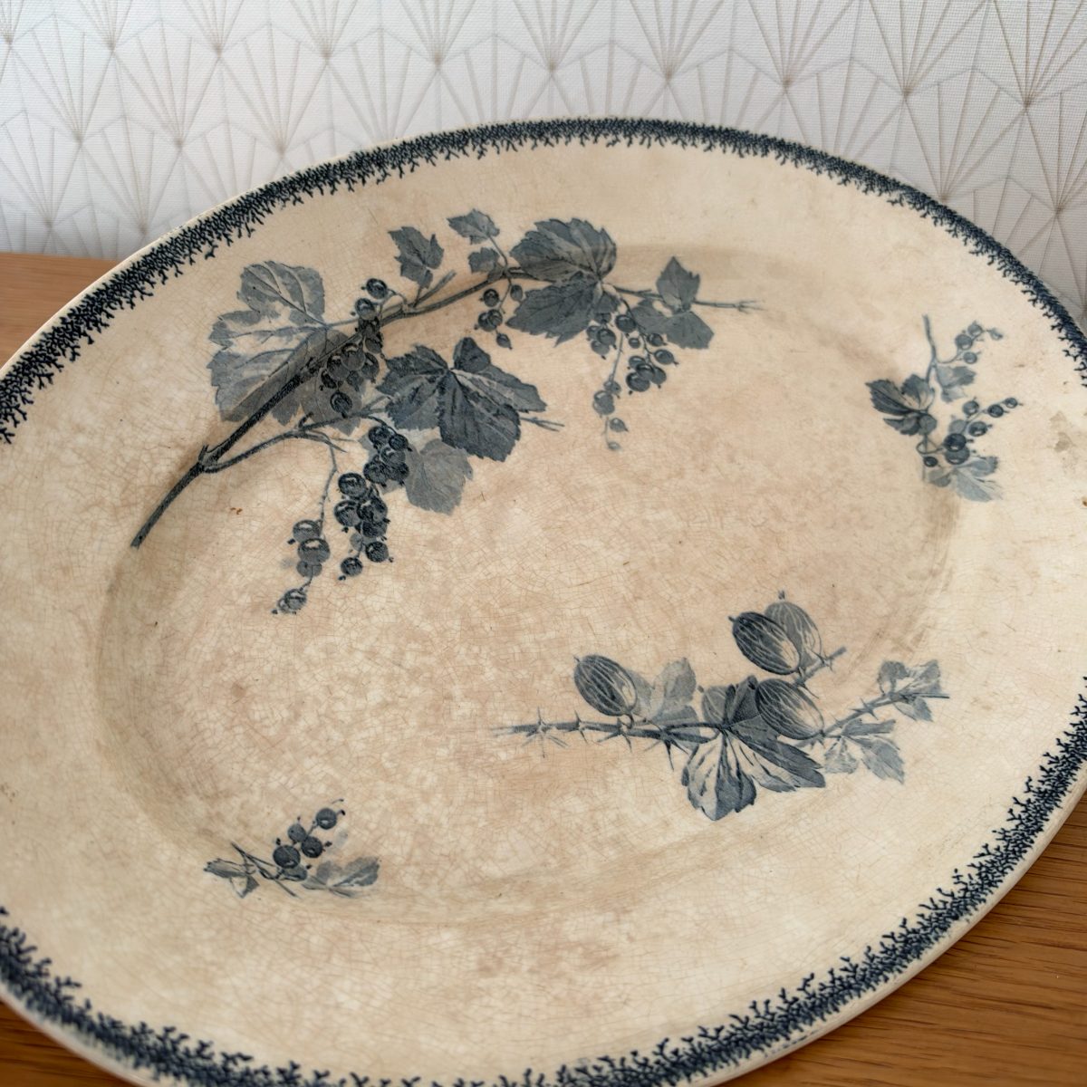 French Antique Transferware Platter Faience Oval Blue Berries 20102631 Fleamarketfrance