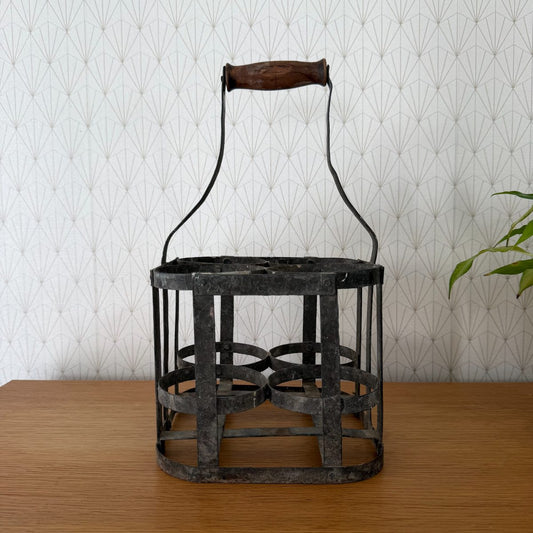 French Antique Iron 4-Bottle Wine Carrier Wooden Handle Farmhouse 14102612 Fleamarketfrance