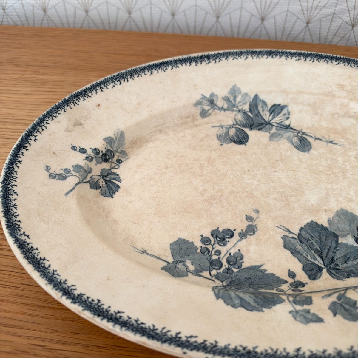 French Antique Transferware Platter Faience Oval Blue Berries 20102631 Fleamarketfrance