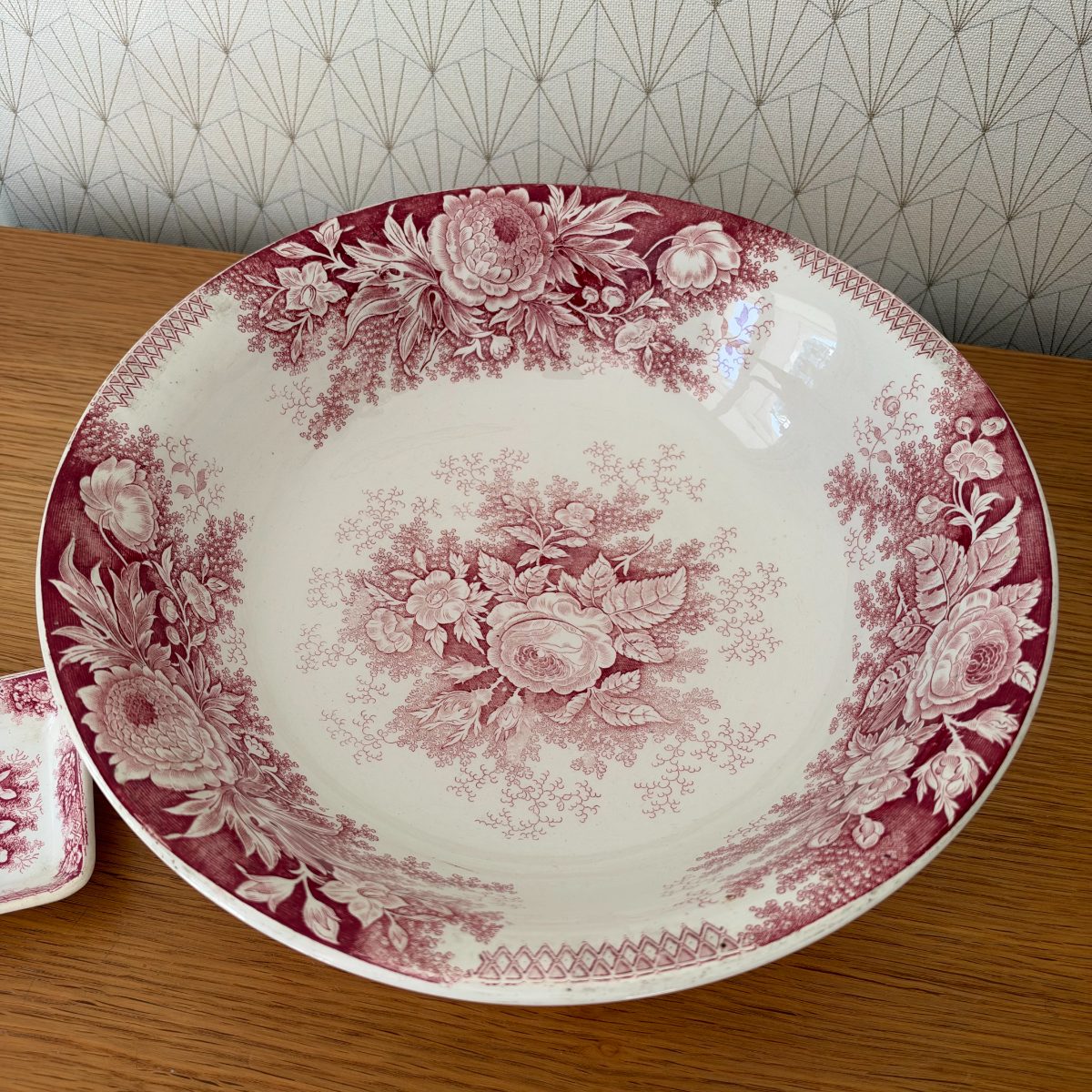 French Red Transferware Wash Set Pitcher Bowl Soap Dish Ironstone 2910261