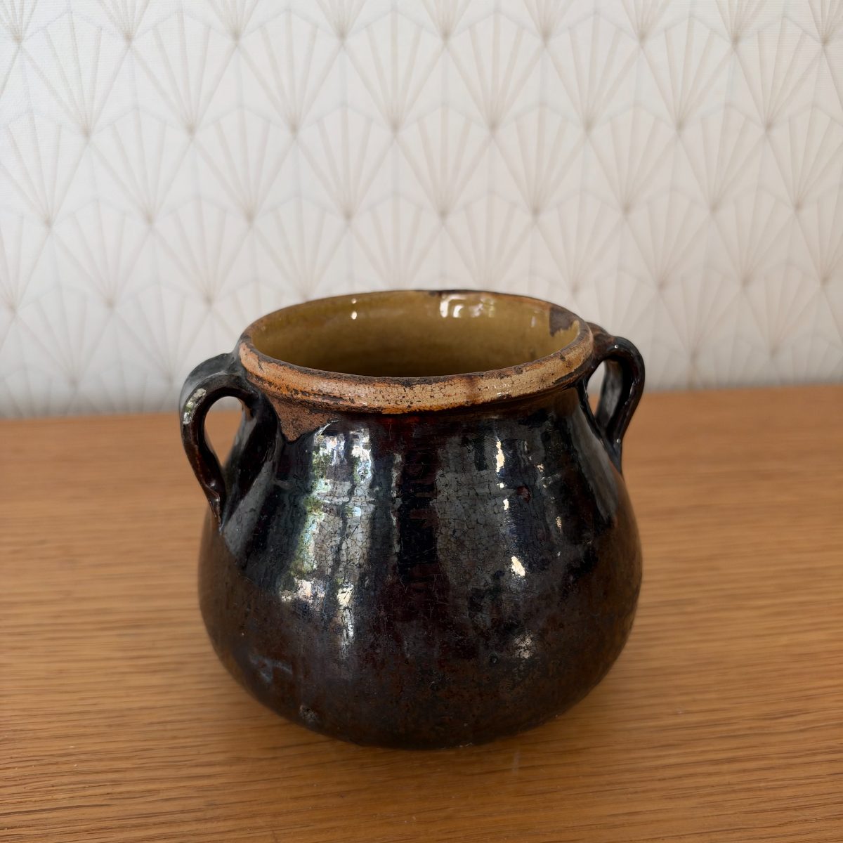 Antique French Glazed Stoneware Double Handle Pot Farmhouse 07102615 Fleamarketfrance