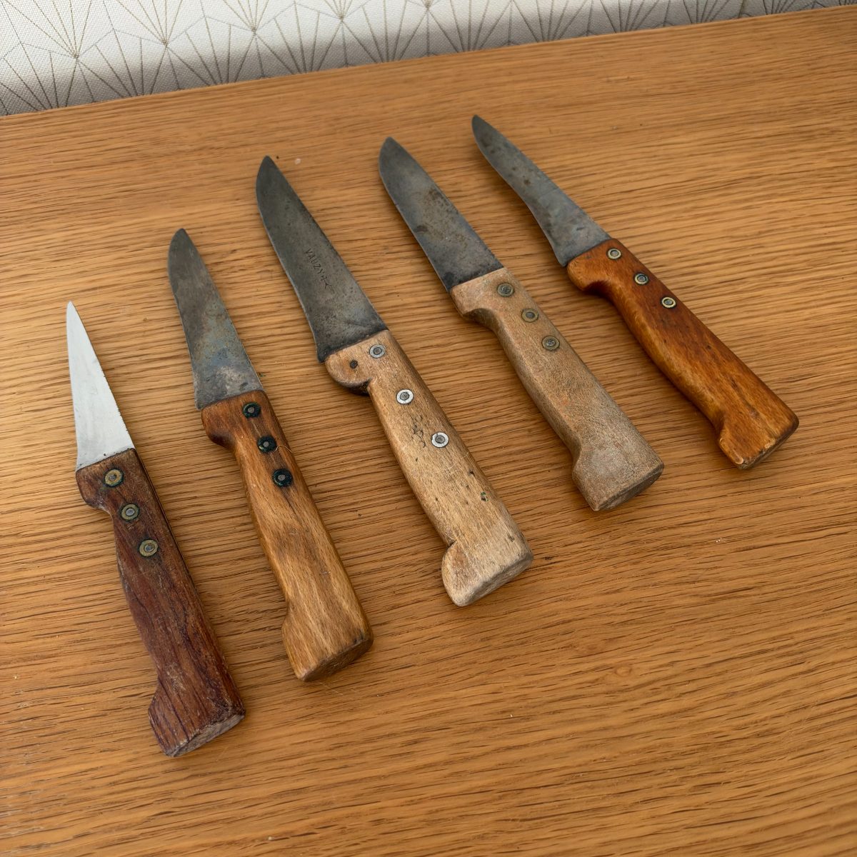 French Vintage Kitchen Knives Set of 5 Rustic Wooden Handle 07102618 Fleamarketfrance