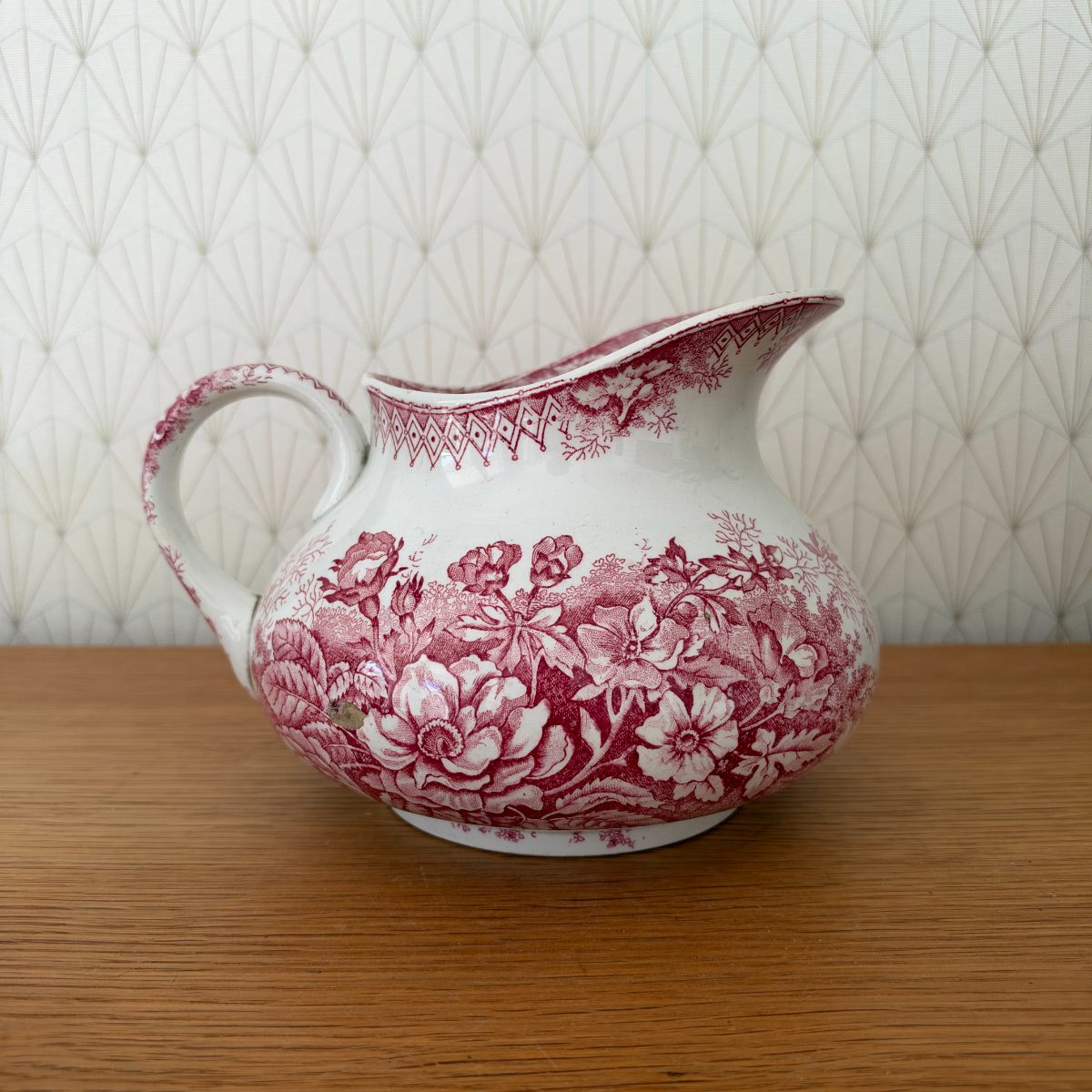 French Red Transferware Wash Set Pitcher Bowl Soap Dish Ironstone 2910261