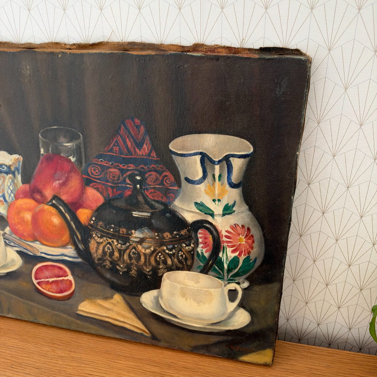 French Oil Painting Still Life Teapot Fruit Pitcher Vintage Canvas 2210265 Fleamarketfrance