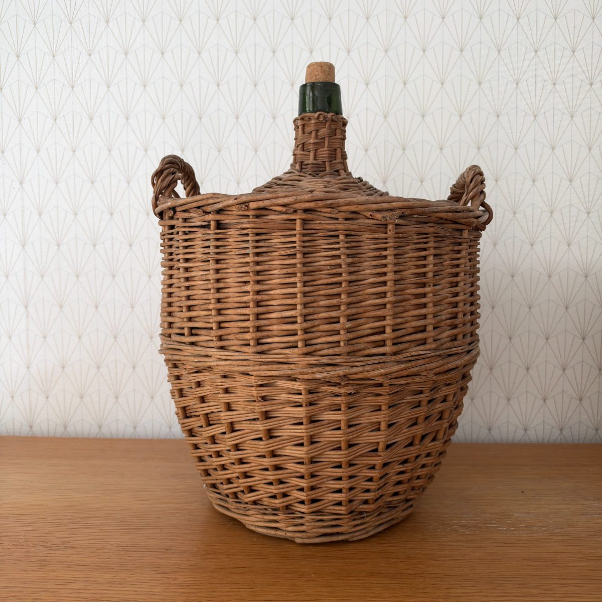 French Wicker Demijohn Vintage Woven Rattan Carboy Bottle with Cork 0710262 Fleamarketfrance