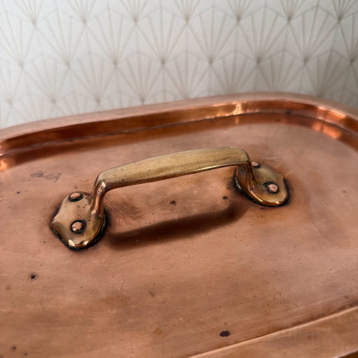 Antique French Copper Oval Roasting Pan Pot Brass Handles Lid 14102614 Fleamarketfrance
