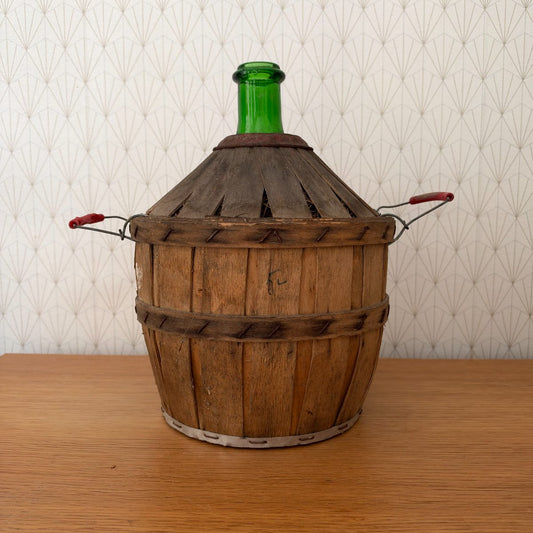 Antique French Demijohn Bonbonne Green Glass Wood Basket 20102622 Fleamarketfrance