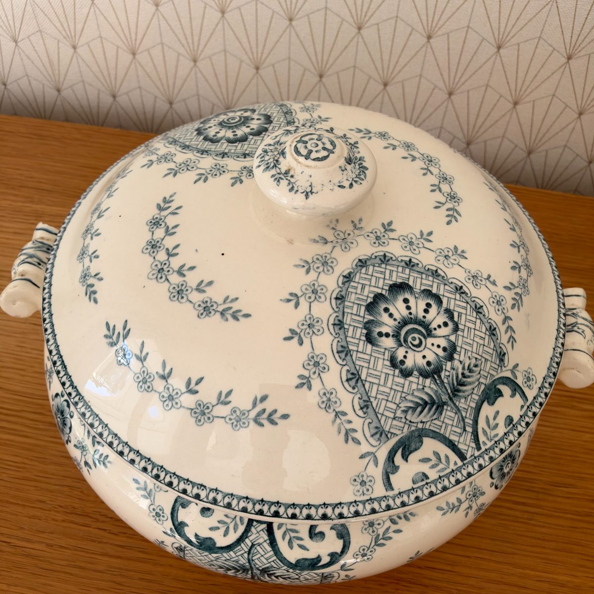 Antique French Blue White Transferware Soup Tureen Faience Lid 2910268