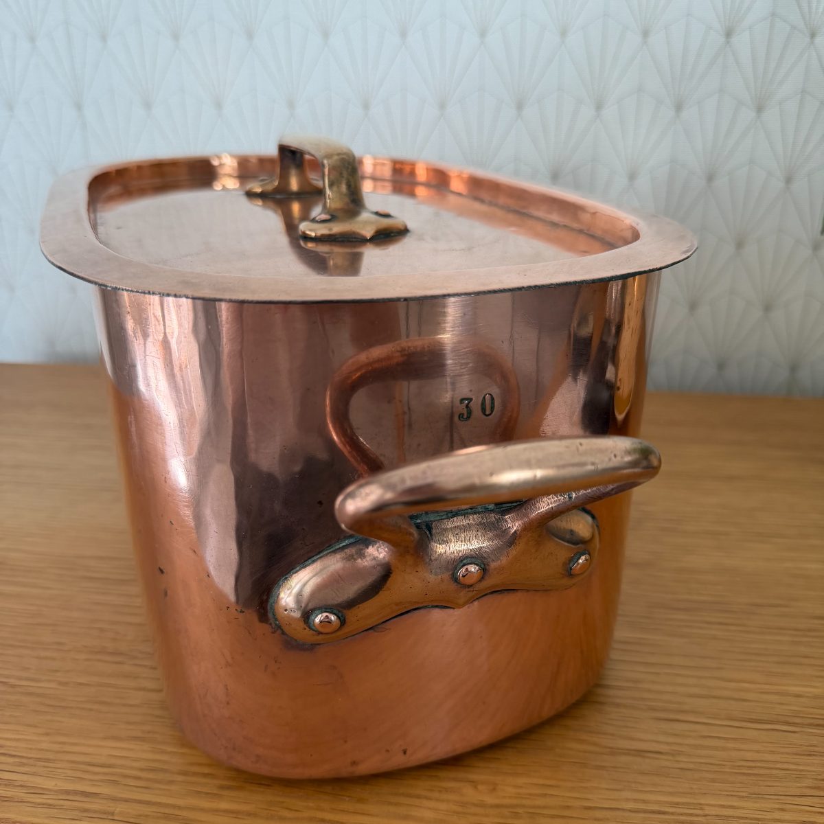 Antique French Copper Oval Roasting Pan Pot Brass Handles Lid 14102614 Fleamarketfrance