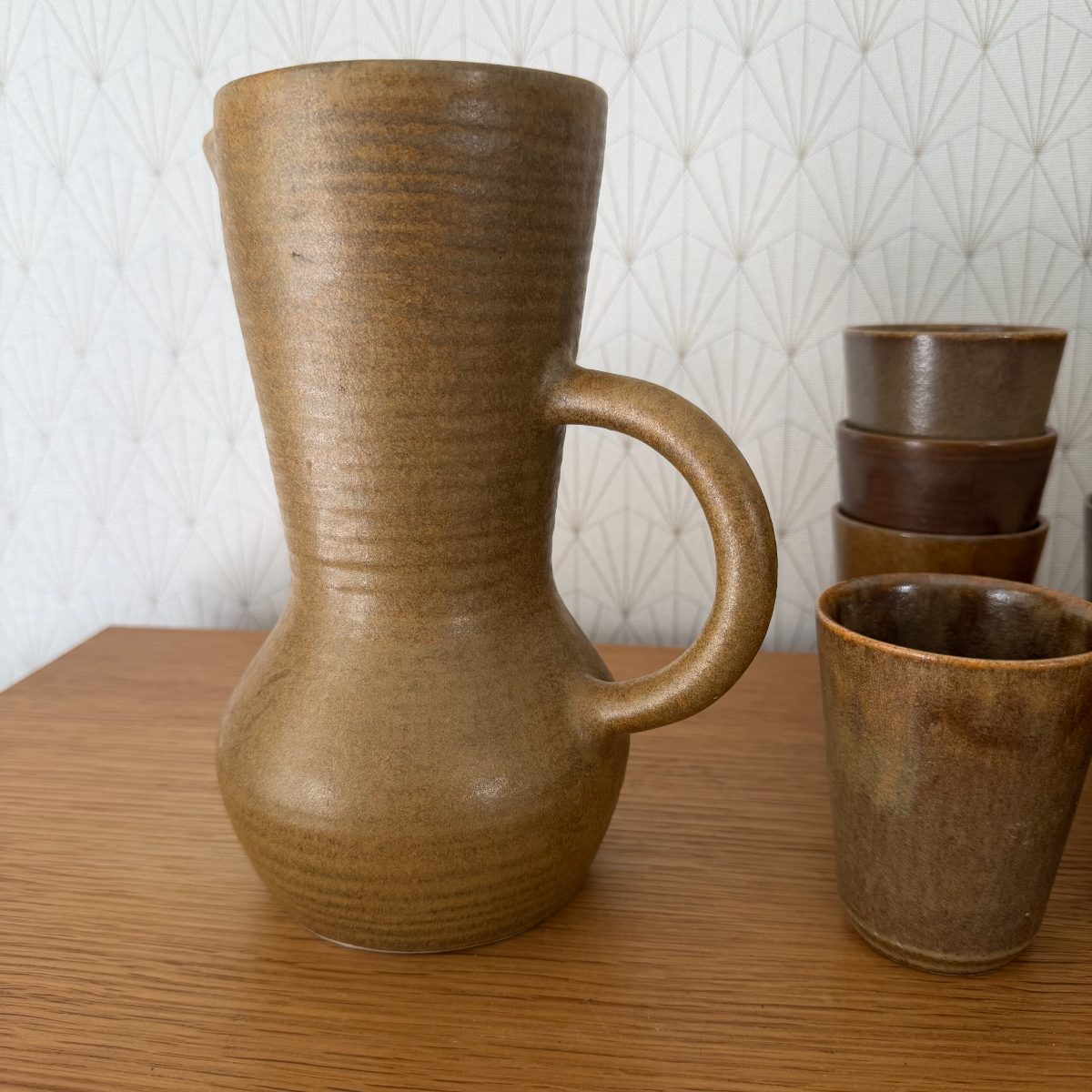 French Stoneware Pitcher Cups Set Vintage Midcentury Studio Pottery 0810263