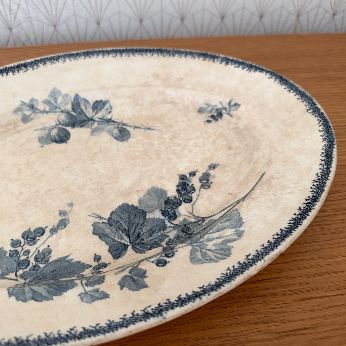 French Antique Transferware Platter Faience Oval Blue Berries 20102631 Fleamarketfrance