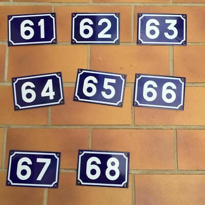 Authentic French blue and white porcelain enamel house number plaques numbered 61 through 68, showing age-related patina from outdoor municipal use, enameled steel construction